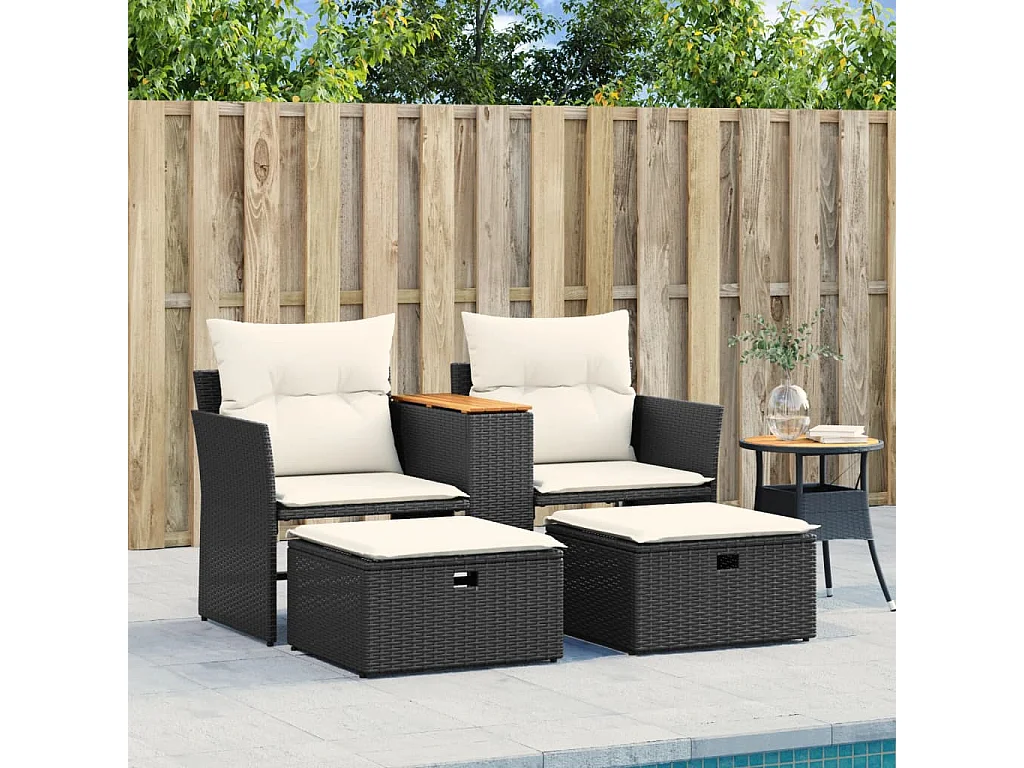 Canapé de jardin 2 places avec tabourets noir résine tressée