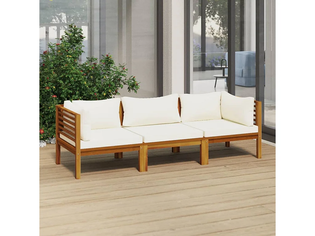 Canapé de jardin 3 places et coussin crème Bois d'acacia massif