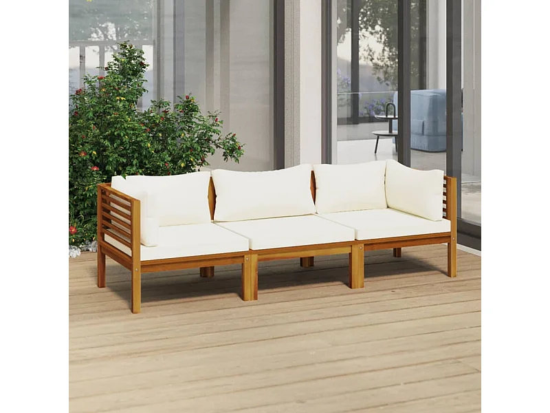 Canapé de jardin 3 places et coussin crème Bois d'acacia massif