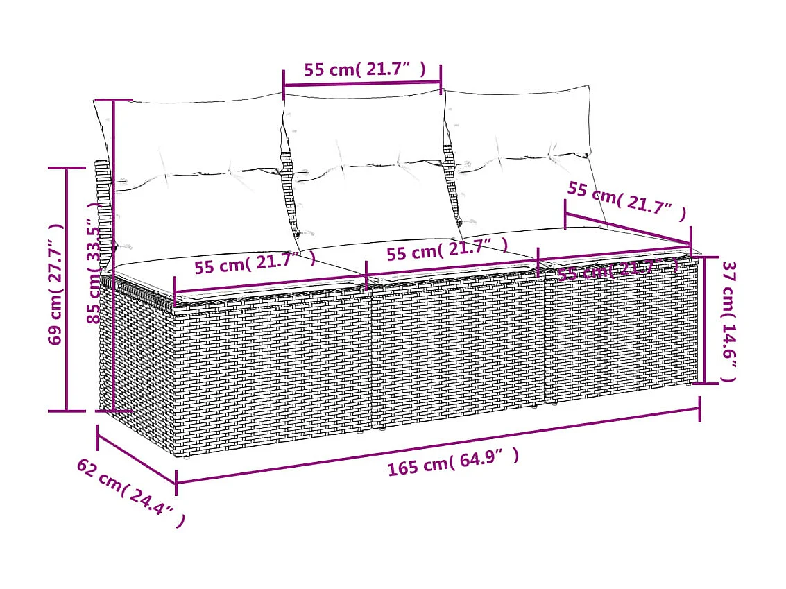 Canapé de jardin avec coussins 3 places gris résine tressée