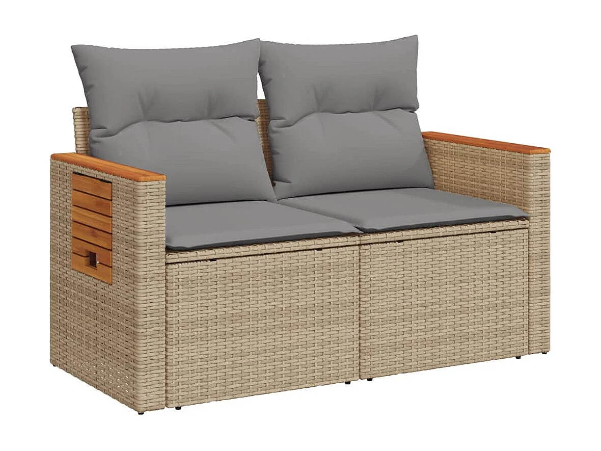Canapé de jardin avec coussins 2 places beige résine tressée