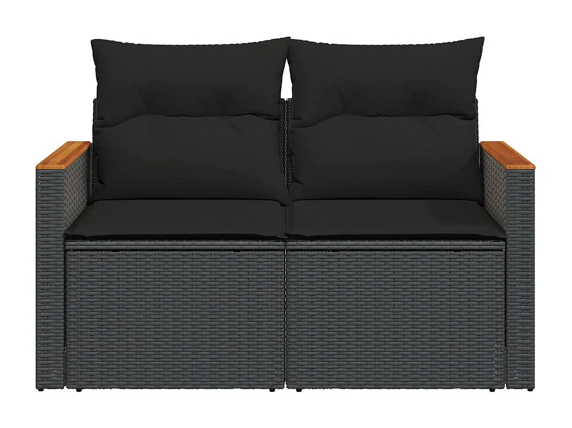 Canapé de jardin avec coussins 2 places noir résine tressée