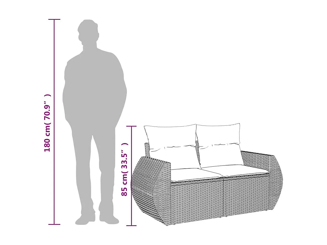 Canapé de jardin avec coussins 2 places noir résine tressée