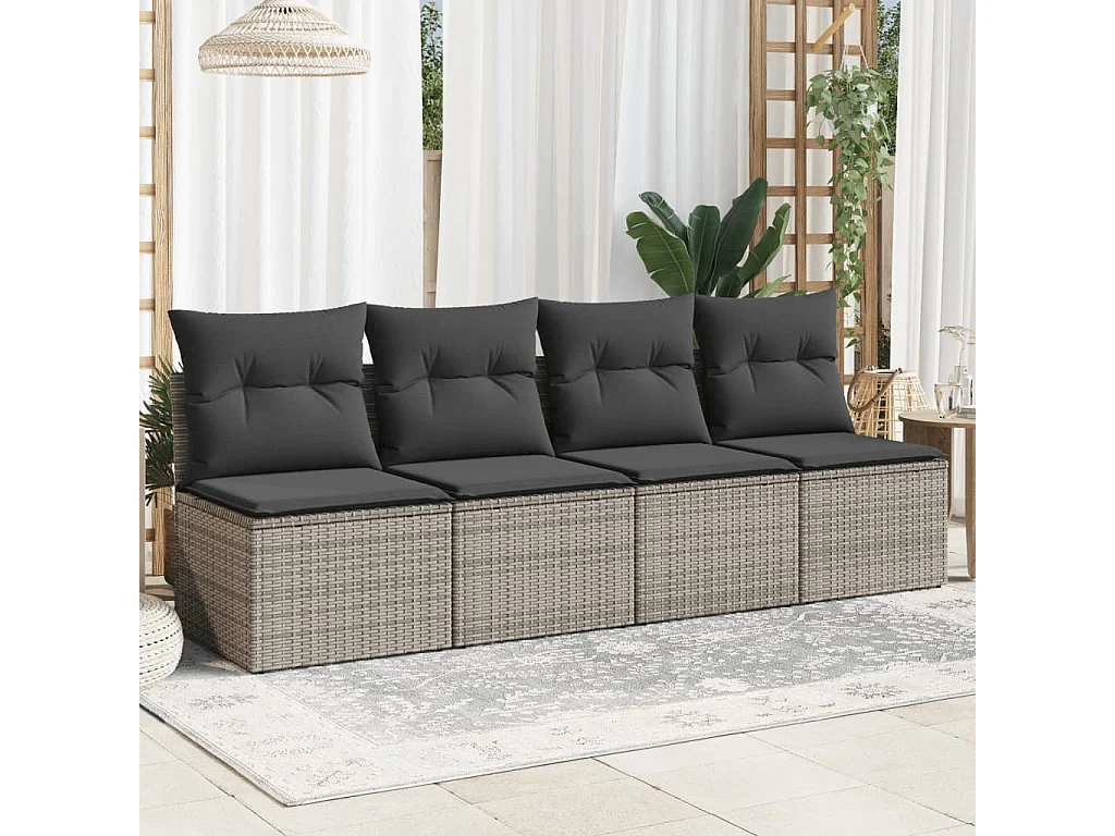Canapé de jardin 4 places avec coussins gris résine tressée