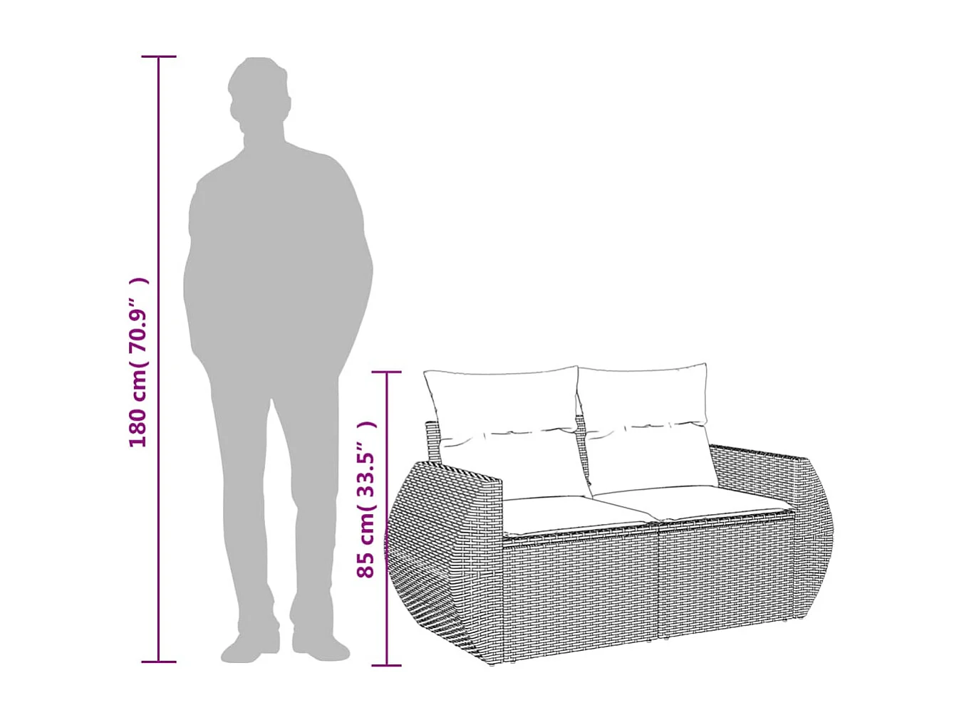 Canapé de jardin avec coussins 2 places noir résine tressée