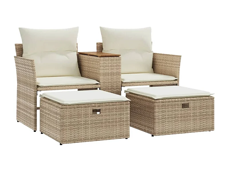 Canapé de jardin 2 places avec tabourets beige résine tressée