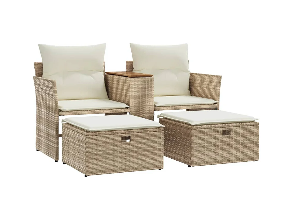 Canapé de jardin 2 places avec tabourets beige résine tressée