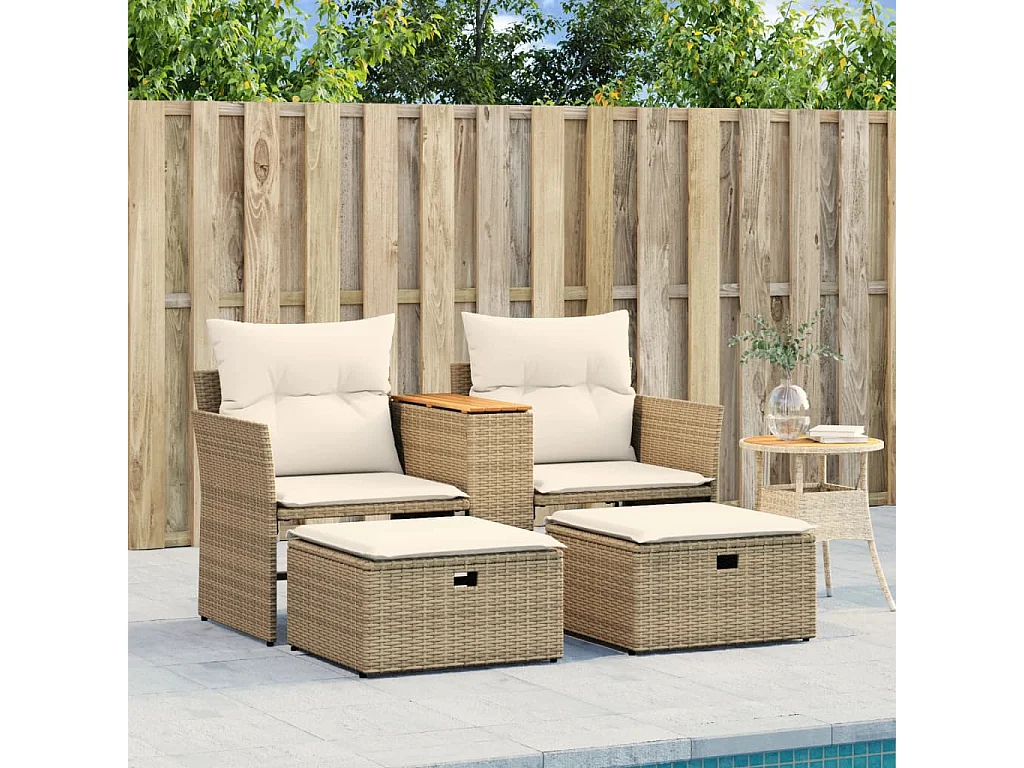 Canapé de jardin 2 places avec tabourets beige résine tressée