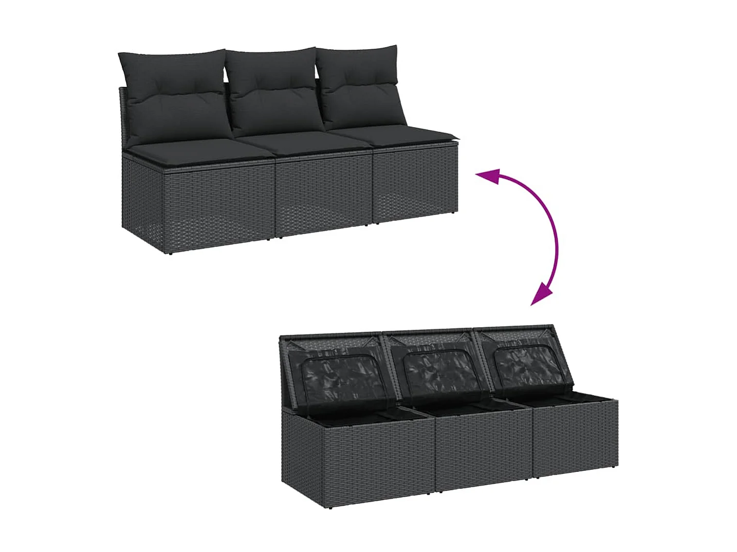 Canapé de jardin avec coussins 3 places noir résine tressée