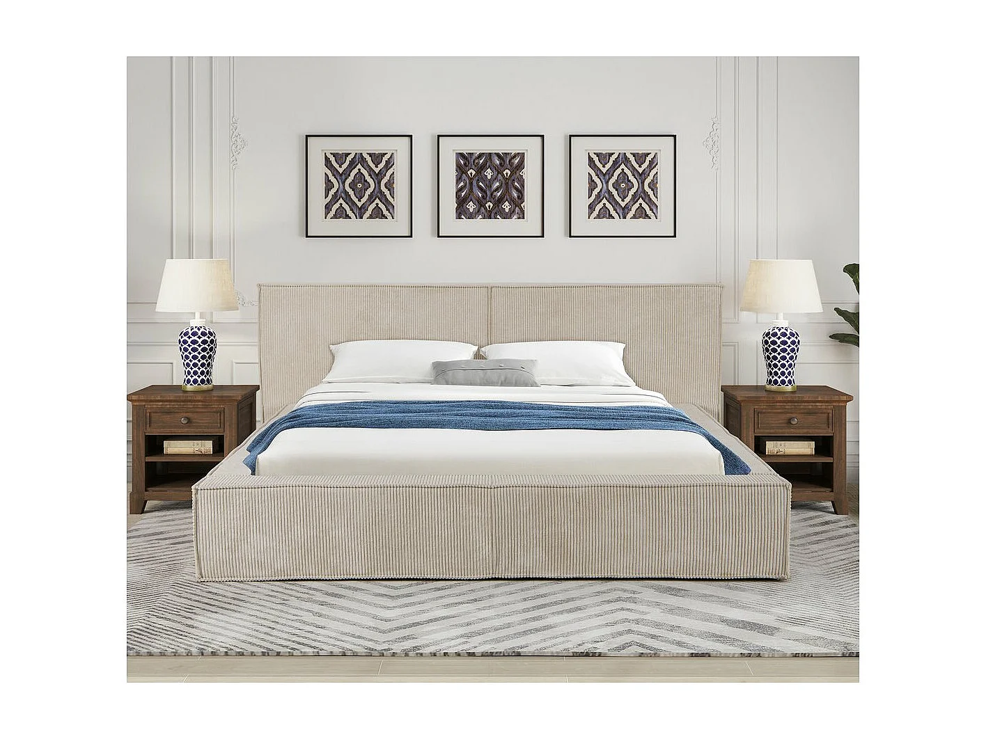 Gestoffeerd bed met opbergruimte "Courchevel" van ribfluweel - 140 x 190 cm - Beige