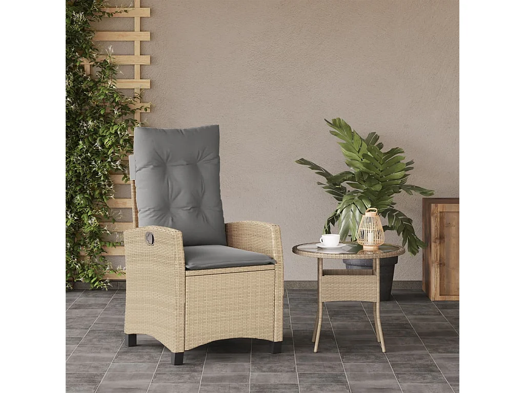 Sillón reclinable de jardín con cojines ratán PE beige mixto