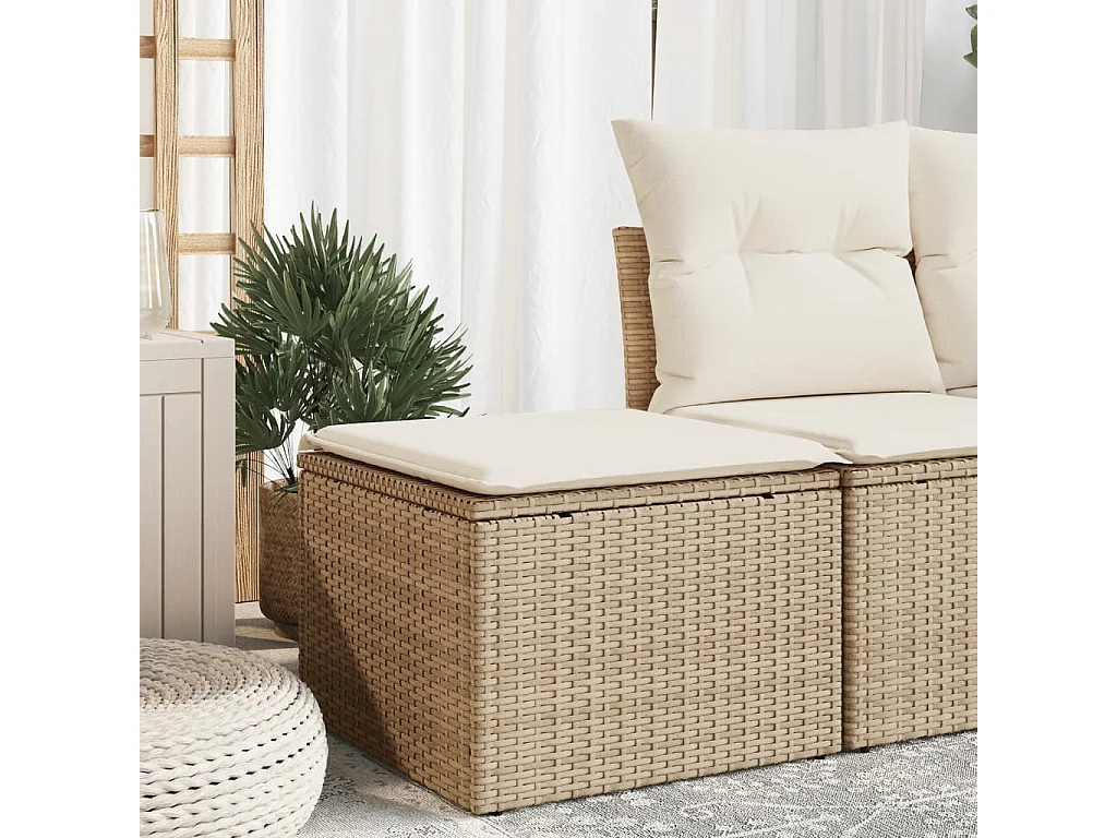 Tabouret de jardin avec coussin beige 55x55x37 résine tressée