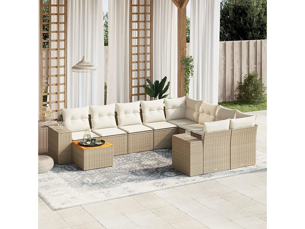 Salon de jardin avec coussins 10 pcs beige résine tressée