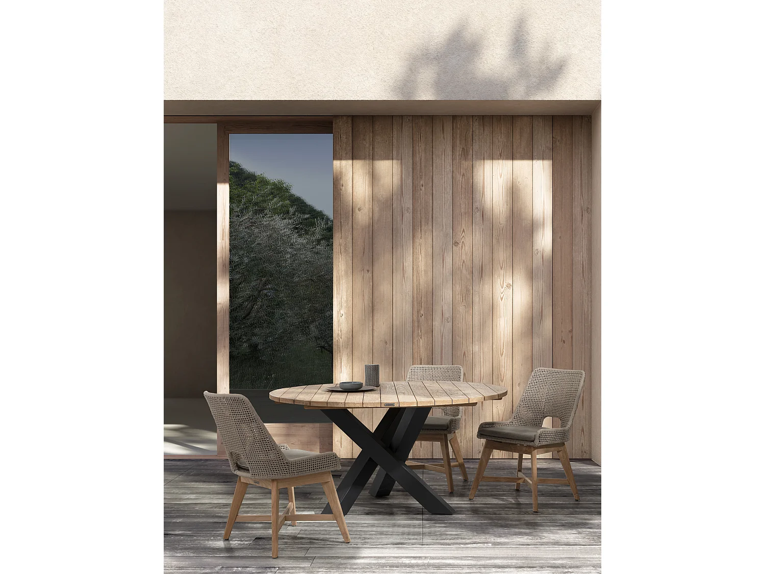 Fauteuil de jardin en tressage beige et pieds en bois de teck Peria - Lot de 2