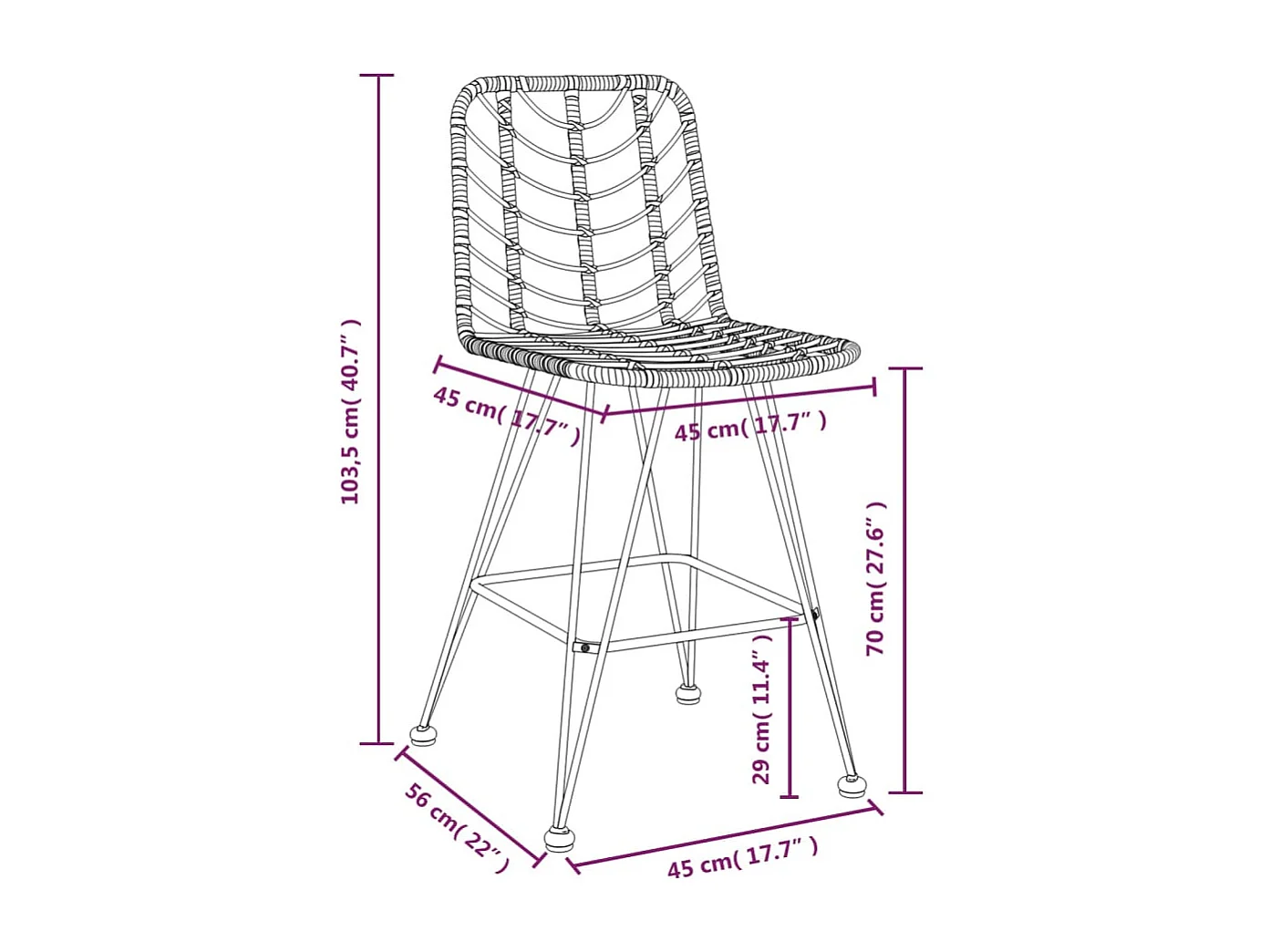 Tabourets de bar 2 pcs 45x56x103,5 Résine tressée et acier