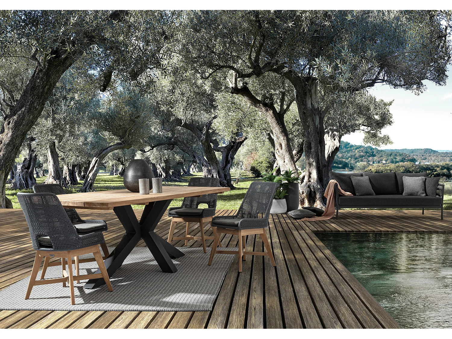 Fauteuil de jardin en tressage gris et pieds en bois de teck Peria - Lot de 2