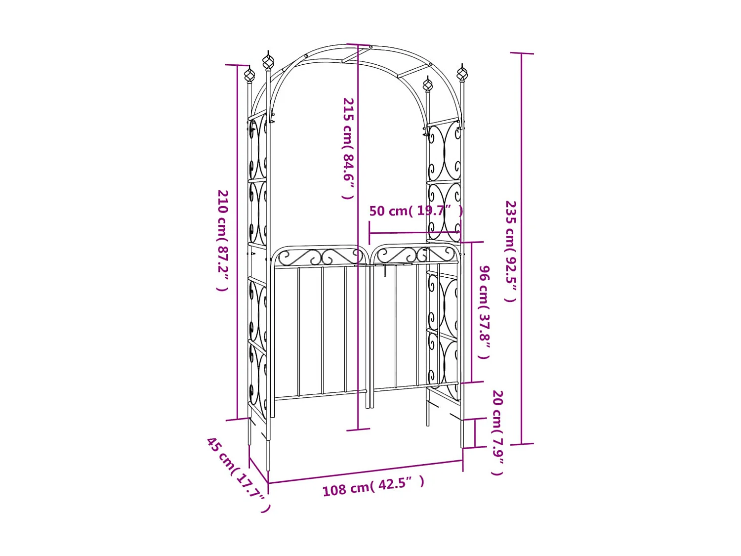 Arche de jardin avec portail noir 108x45x235 acier