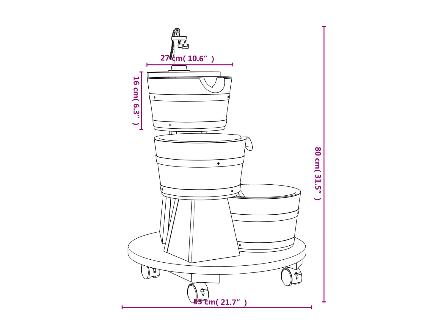 vidaXL Fuente de agua con bomba y ruedas madera de abeto 55x55x80 cm Marrón
