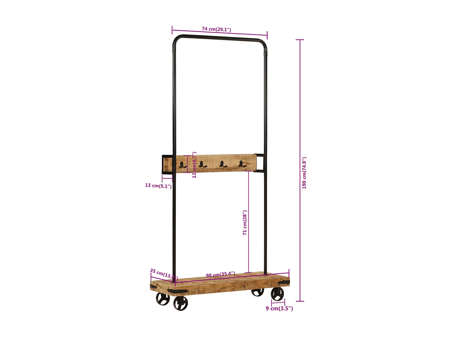 Porte-vêtements et roues 90x35x190 bois de manguier et fer