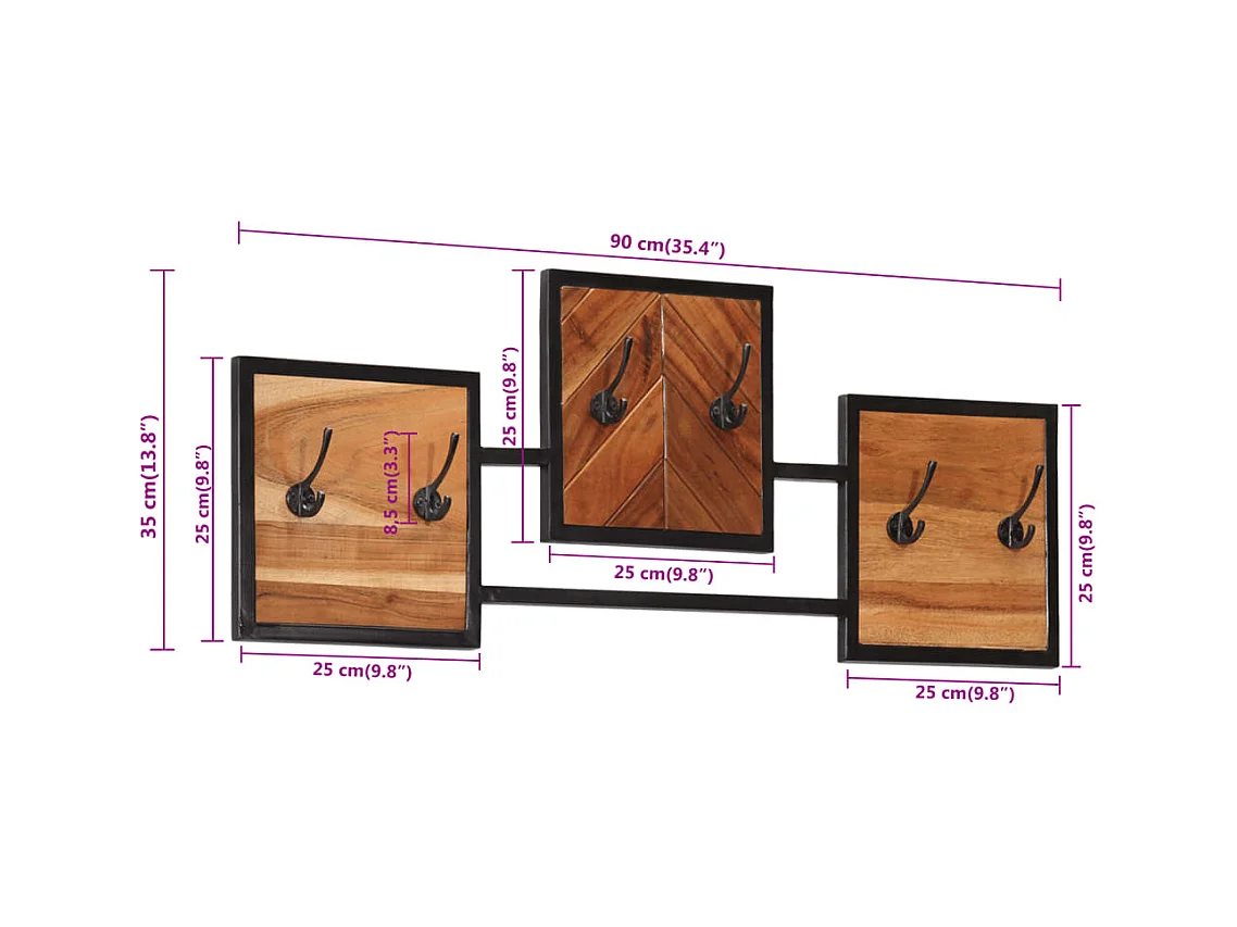 Porte-manteau mural 90x1x35 bois massif d'acacia et fer