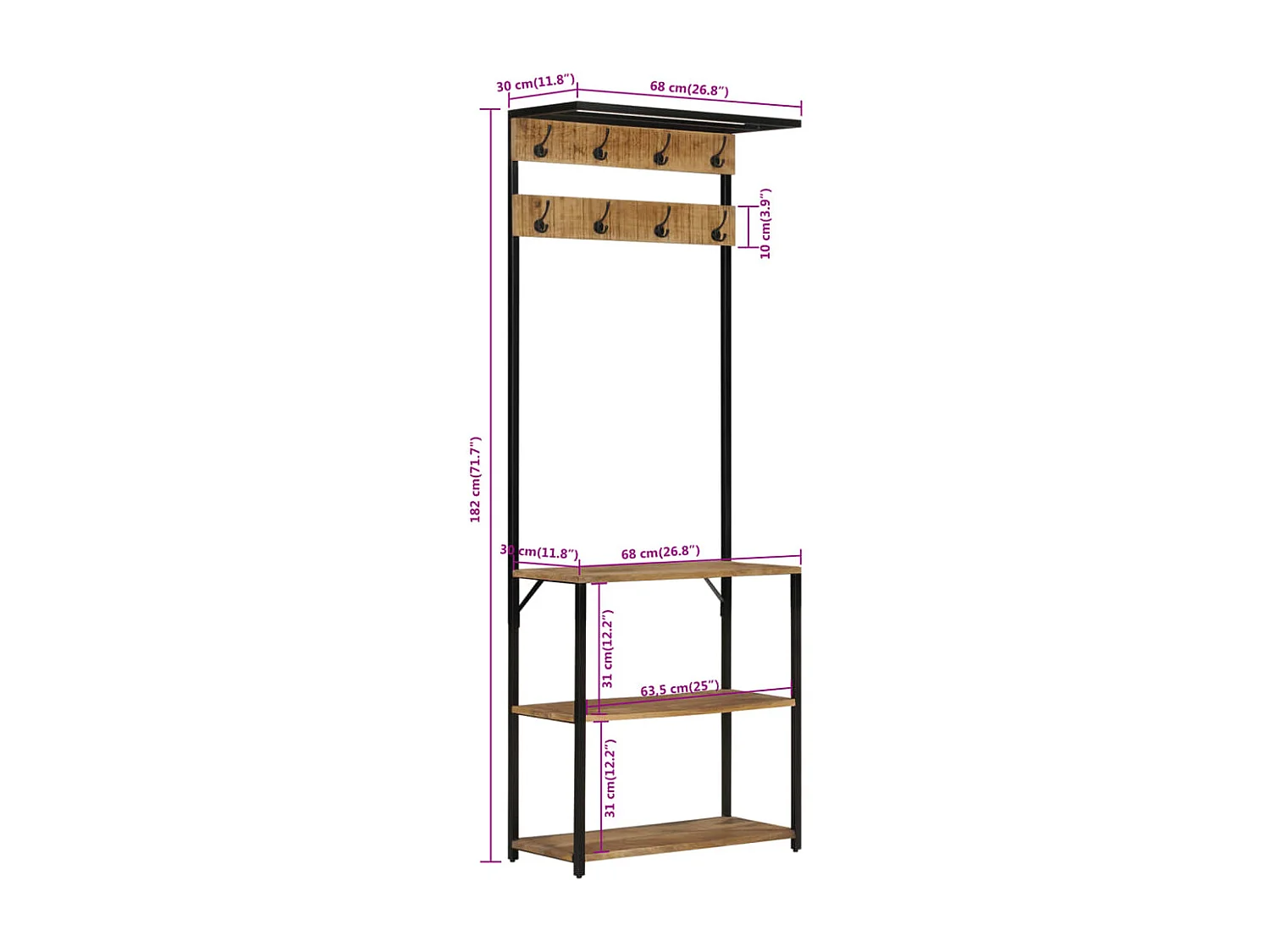 Porte-manteau et rangement des chaussures bois de manguier fer