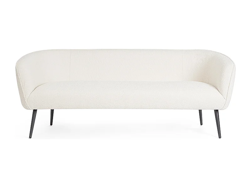 Canapé moderne 3 places tissu doux bouclé blanc et pieds acier noir Kadole 175cm