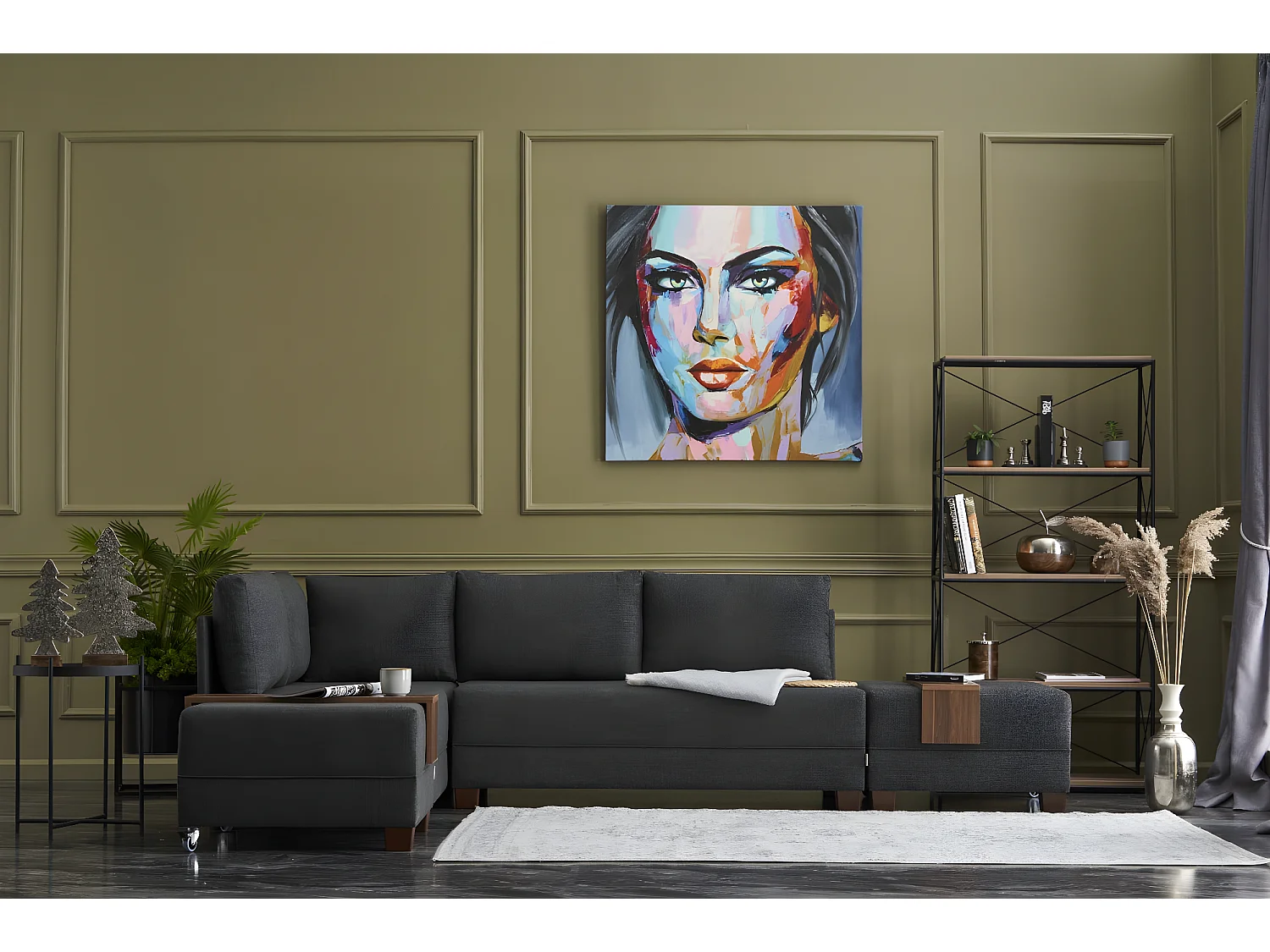 Uitklapbare hoekbank en 2 poefs in stof Tikona, 280 cm-Kleur Houtskool grijs-linkerhoek