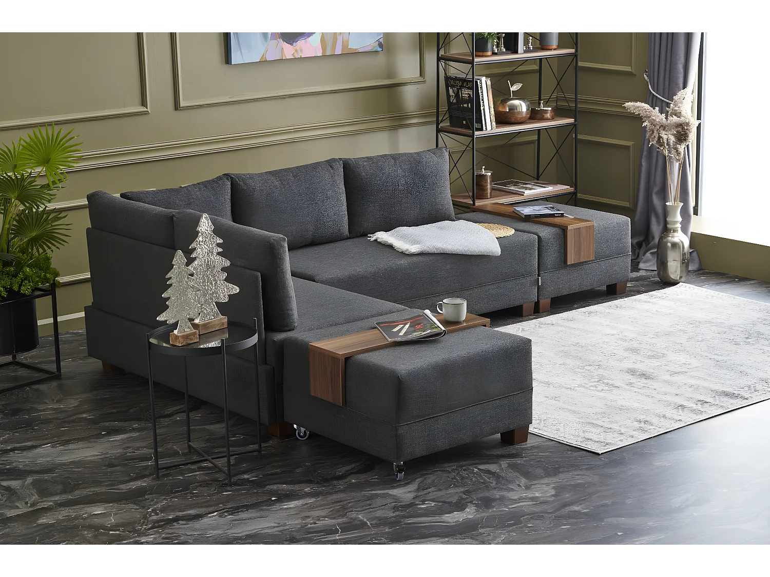 Canapé d'angle convertible et 2 poufs tissu Tikona 280cm-Couleur Gris anthracite-angle gauche