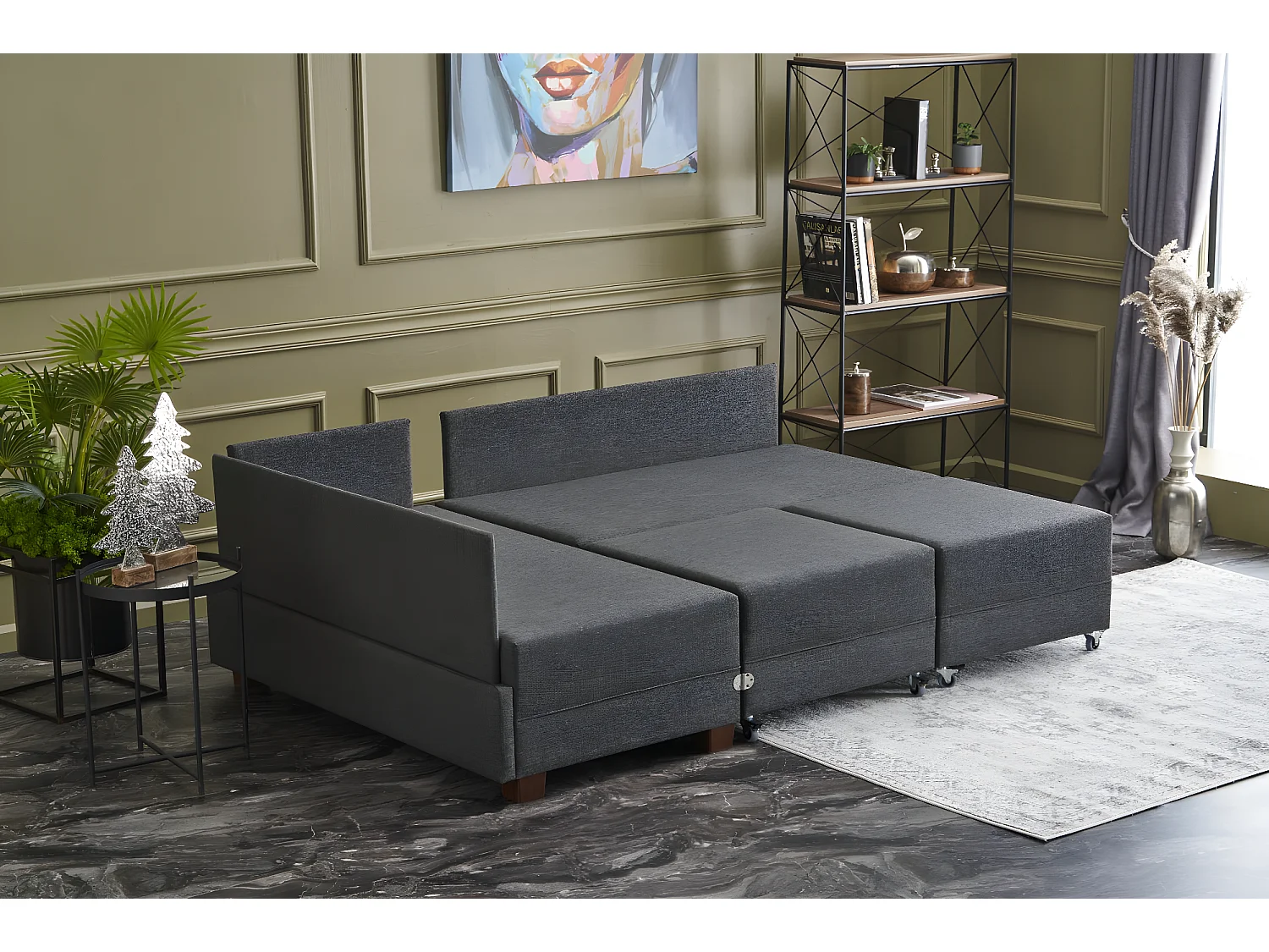 Canapé d'angle convertible et 2 poufs tissu Tikona 280cm-Couleur Gris anthracite-angle gauche