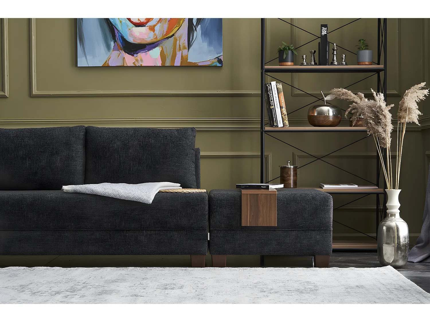 Canapé d'angle convertible et 2 poufs tissu Tikona 280cm-Couleur Gris anthracite-angle gauche