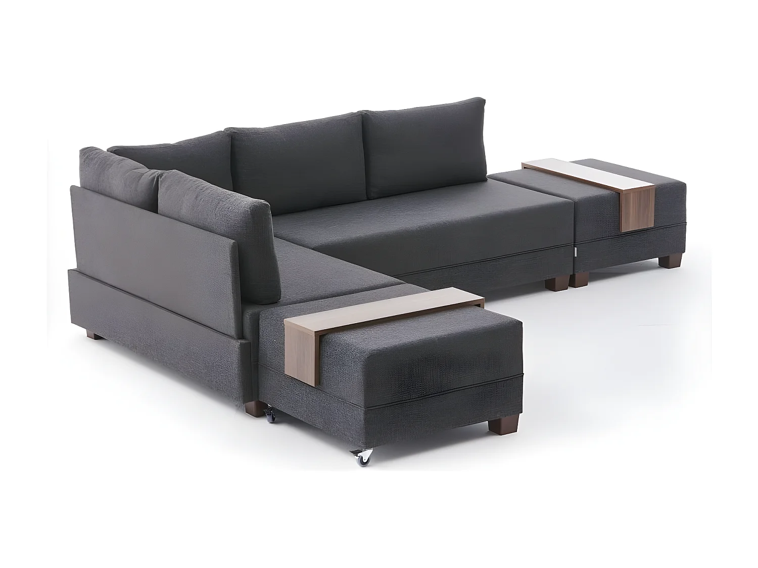 Canapé d'angle convertible et 2 poufs tissu Tikona 280cm-Couleur Gris anthracite-angle gauche