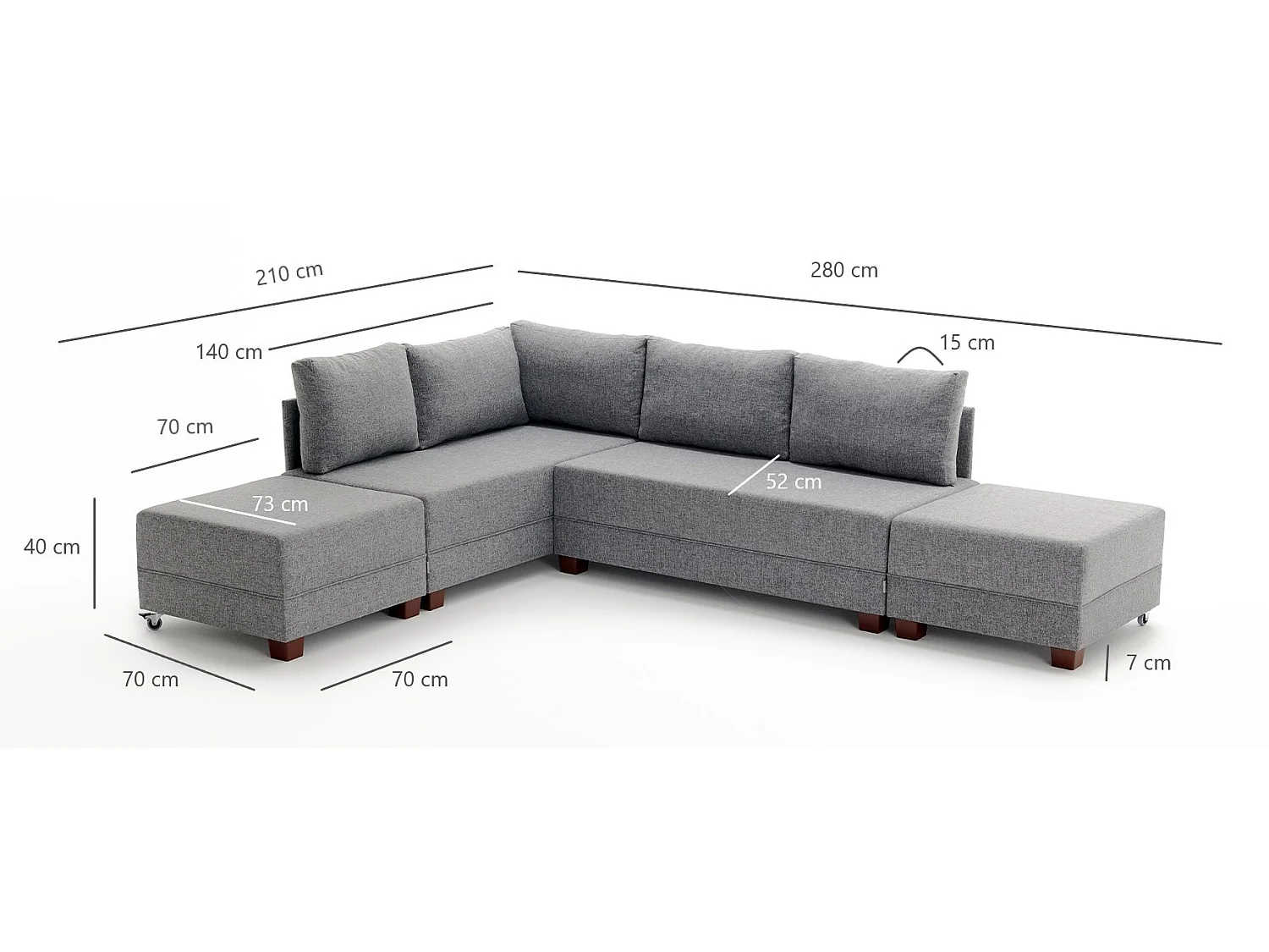 Canapé d'angle convertible et 2 poufs tissu Tikona 280cm-Couleur Gris anthracite-angle gauche