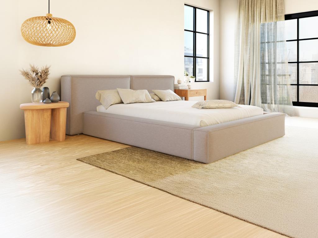 Lit coffre 140 x 190 cm - Tissu - Beige + Matelas - TIMANO de Pascal Morabito