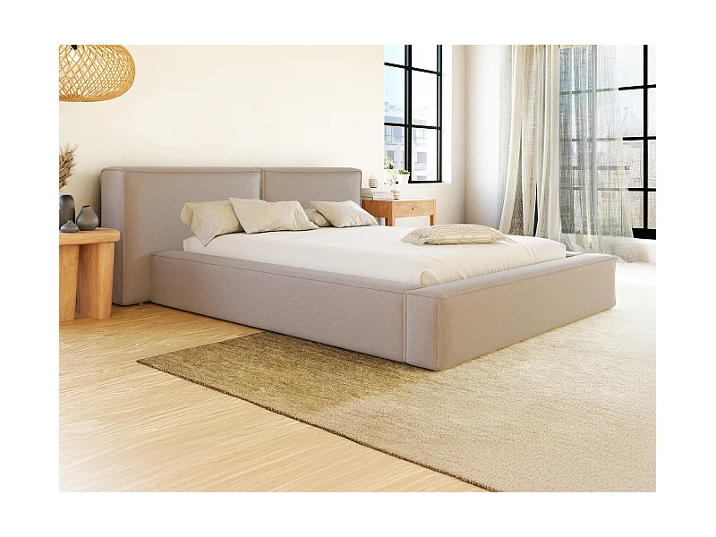 Lit coffre 140 x 190 cm - Tissu - Beige + Matelas - TIMANO de Pascal Morabito