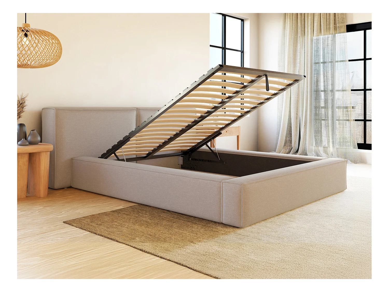 Łóżko ze skrzynią 140 x 190 cm - Tkanina - Beżowy + Materac - TIMANO Pascala Morabito
