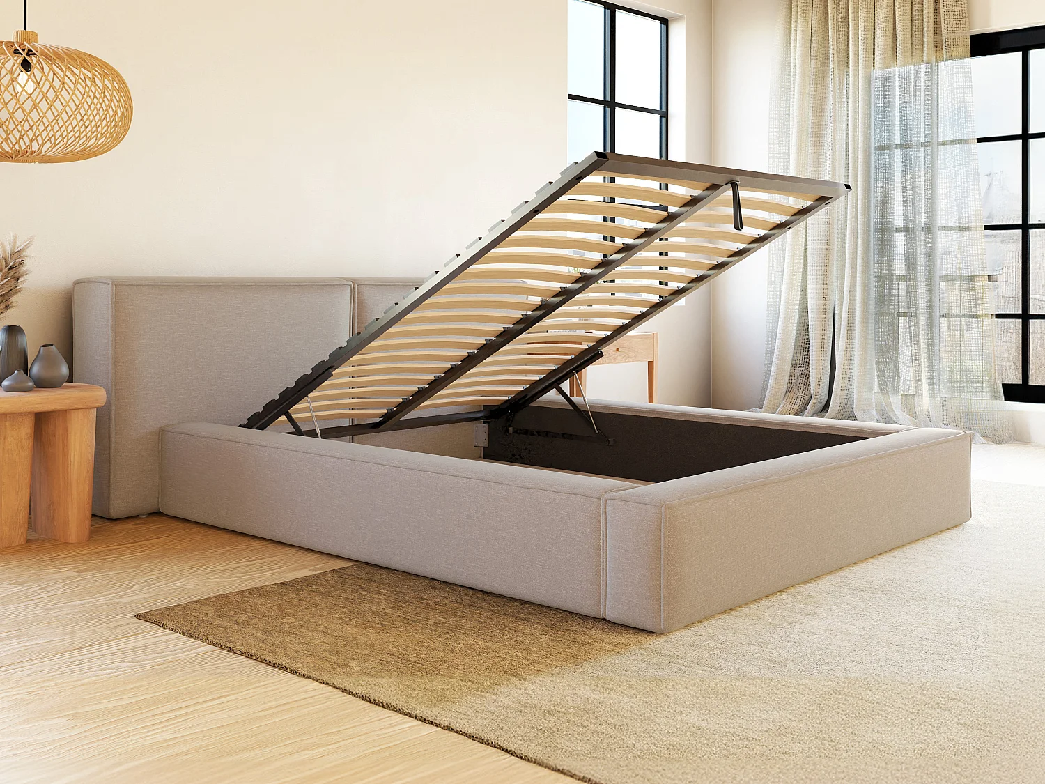 Lit coffre 140 x 190 cm - Tissu - Beige + Matelas - TIMANO de Pascal Morabito