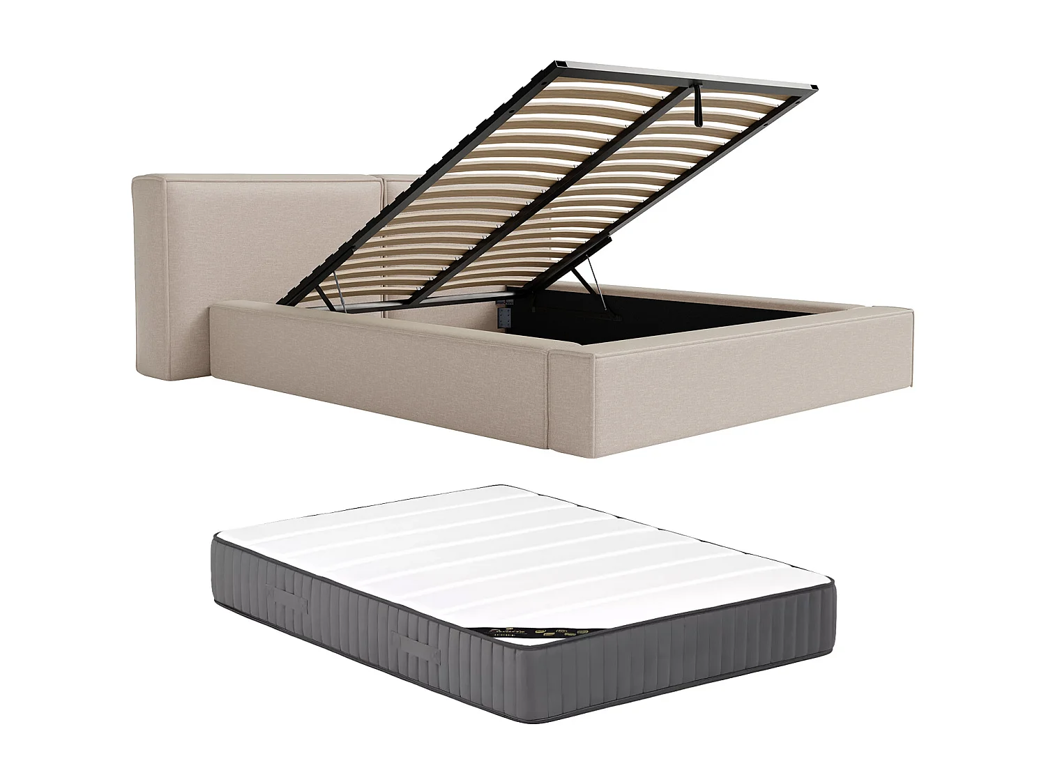 Lit coffre 160 x 200 cm - Tissu - Beige + Matelas - TIMANO de Pascal Morabito