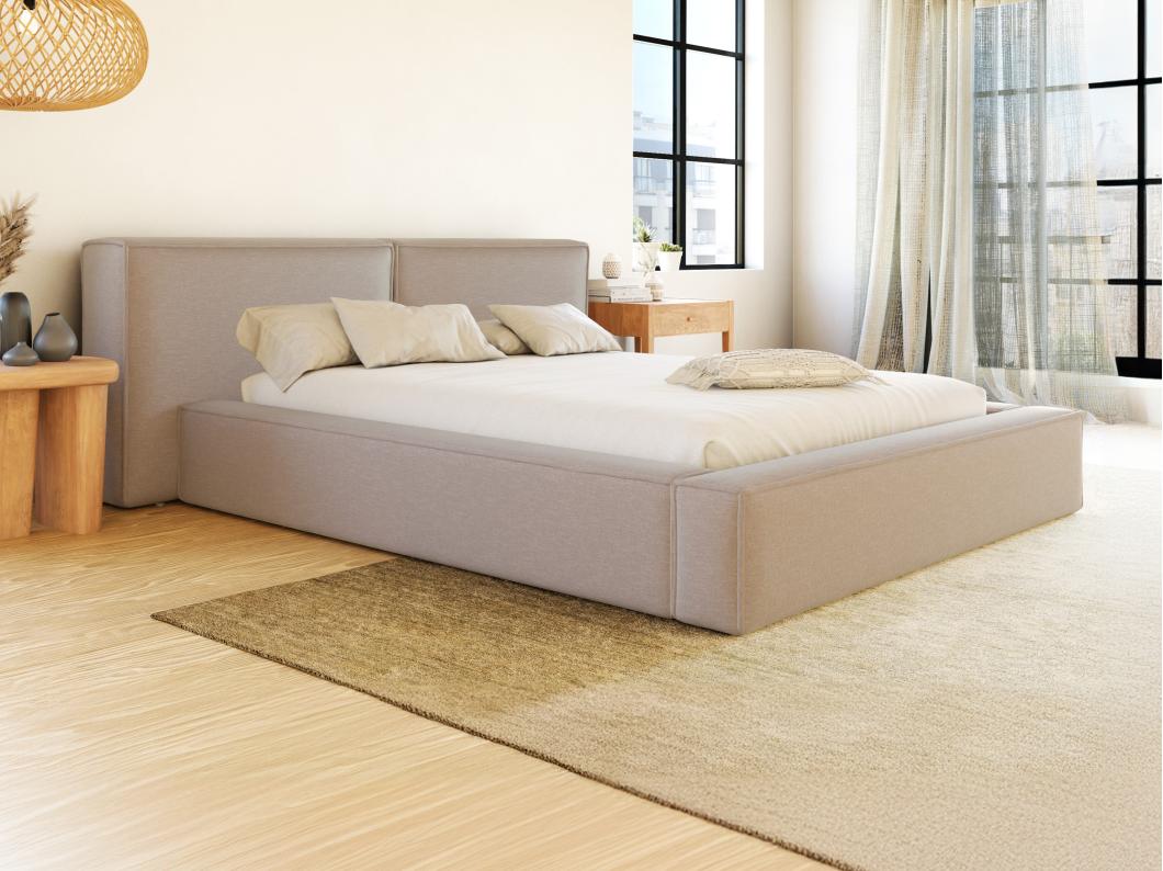 Lit coffre 160 x 200 cm - Tissu - Beige + Matelas - TIMANO de Pascal Morabito