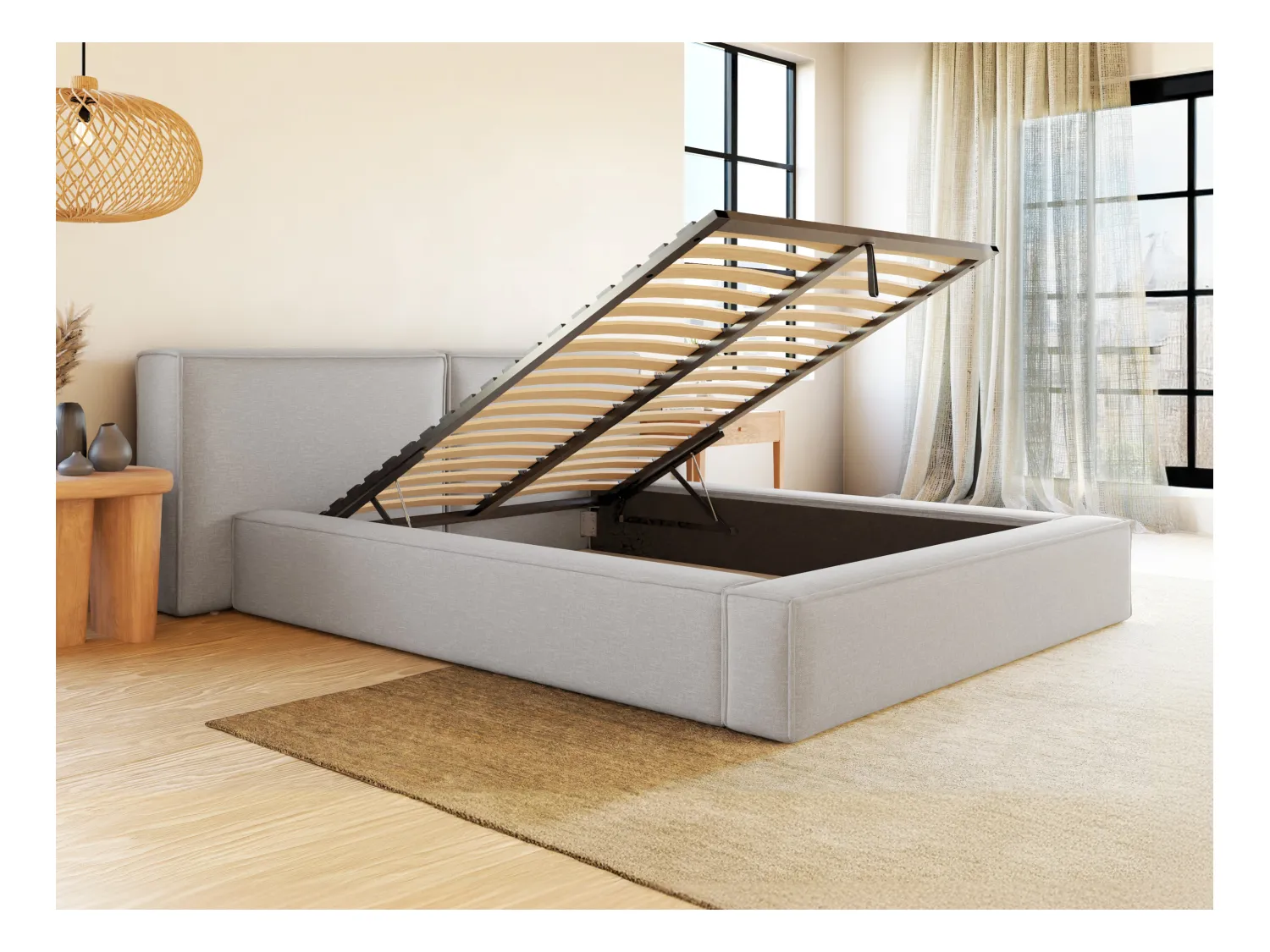 Bett mit Bettkasten + Matratze - 160 x 200 cm - Stoff - Hellgrau - TIMANO von Pascal Morabito