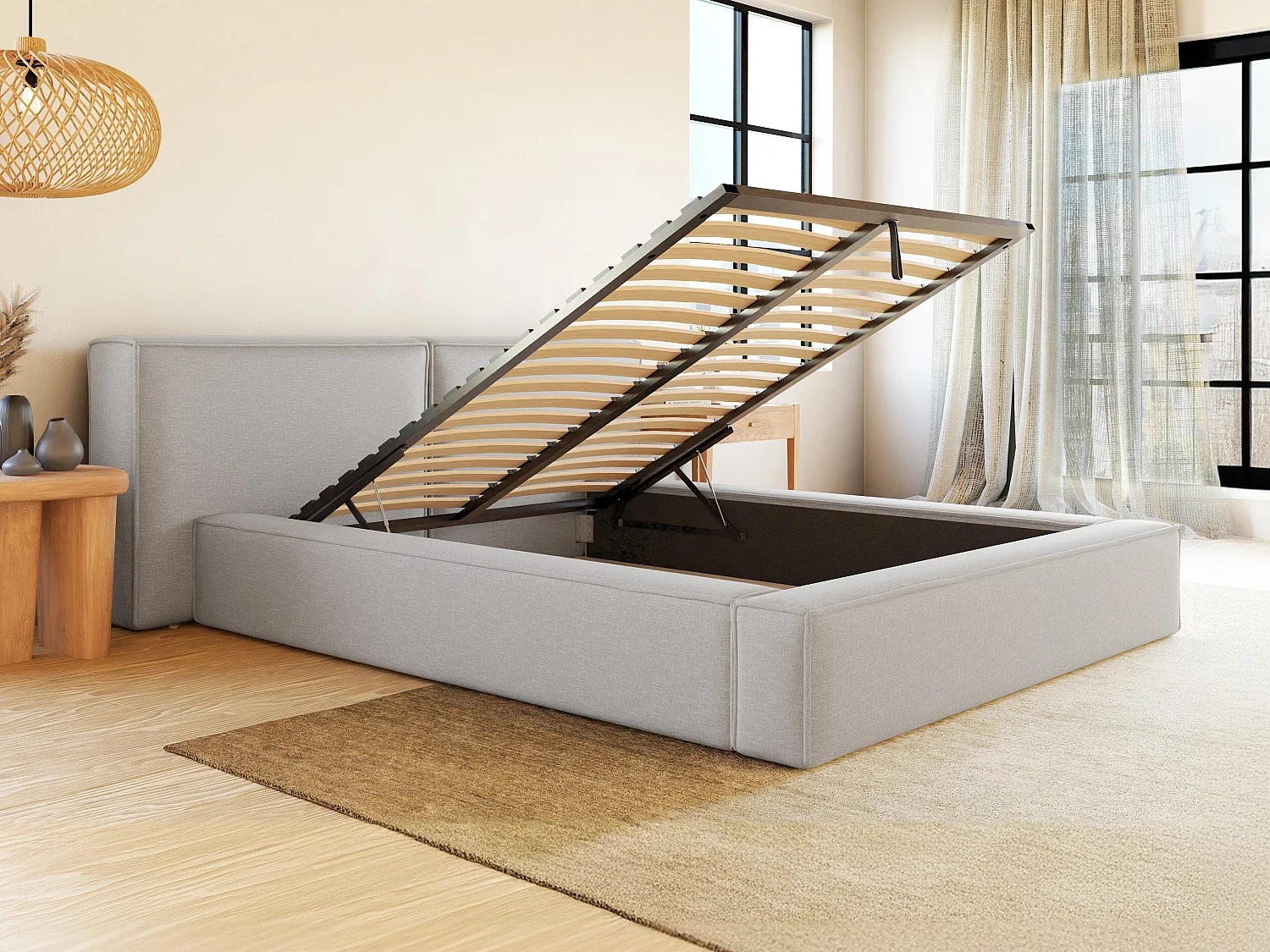 Bed met opbergruimte 140 x 190 cm - Stof - Lichtgrijs + matras - TIMANO van Pascal Morabito