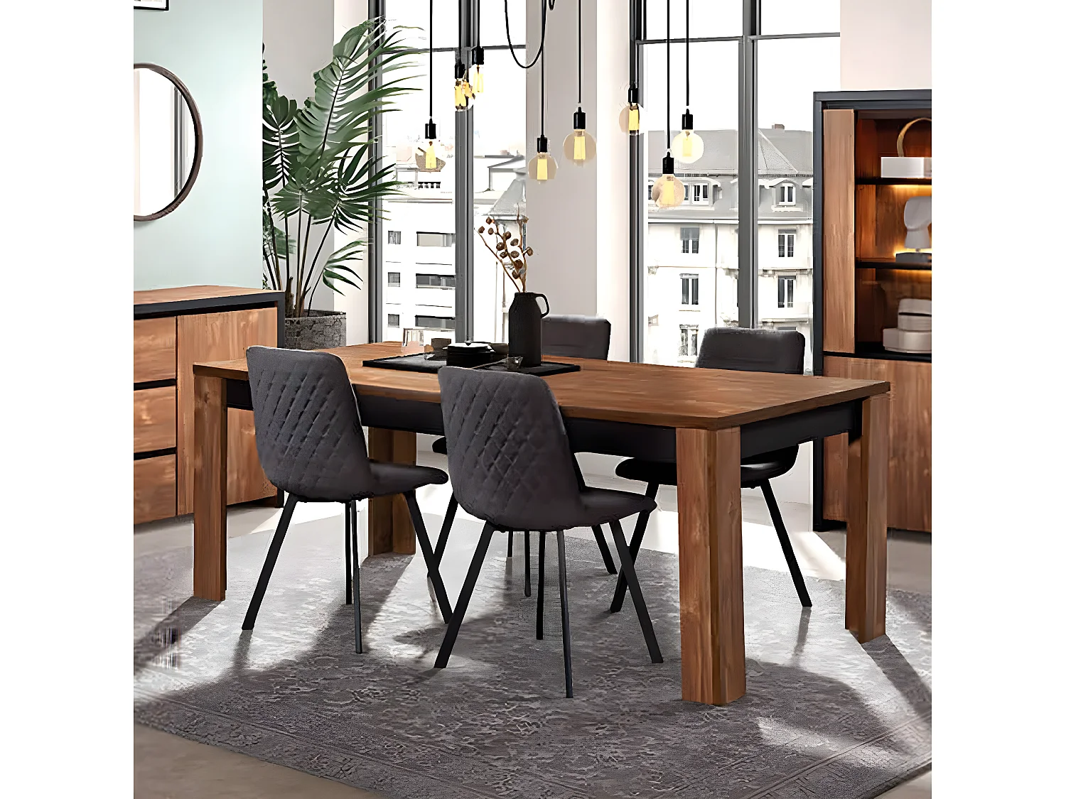 STALONE - Table Repas 195cm Effet Bois Manguier Foncé et Noir