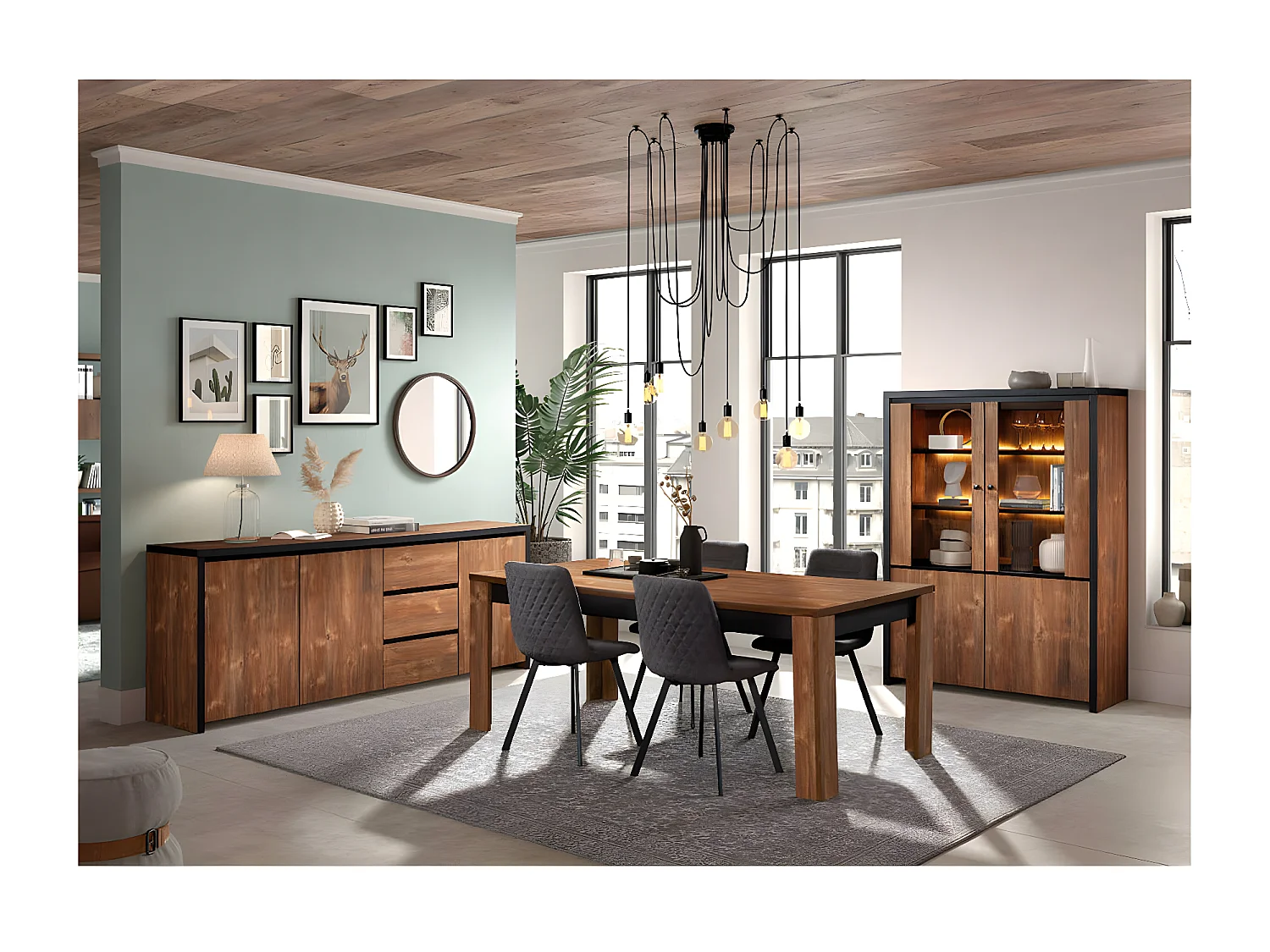 STALONE - Table Repas 195cm Effet Bois Manguier Foncé et Noir