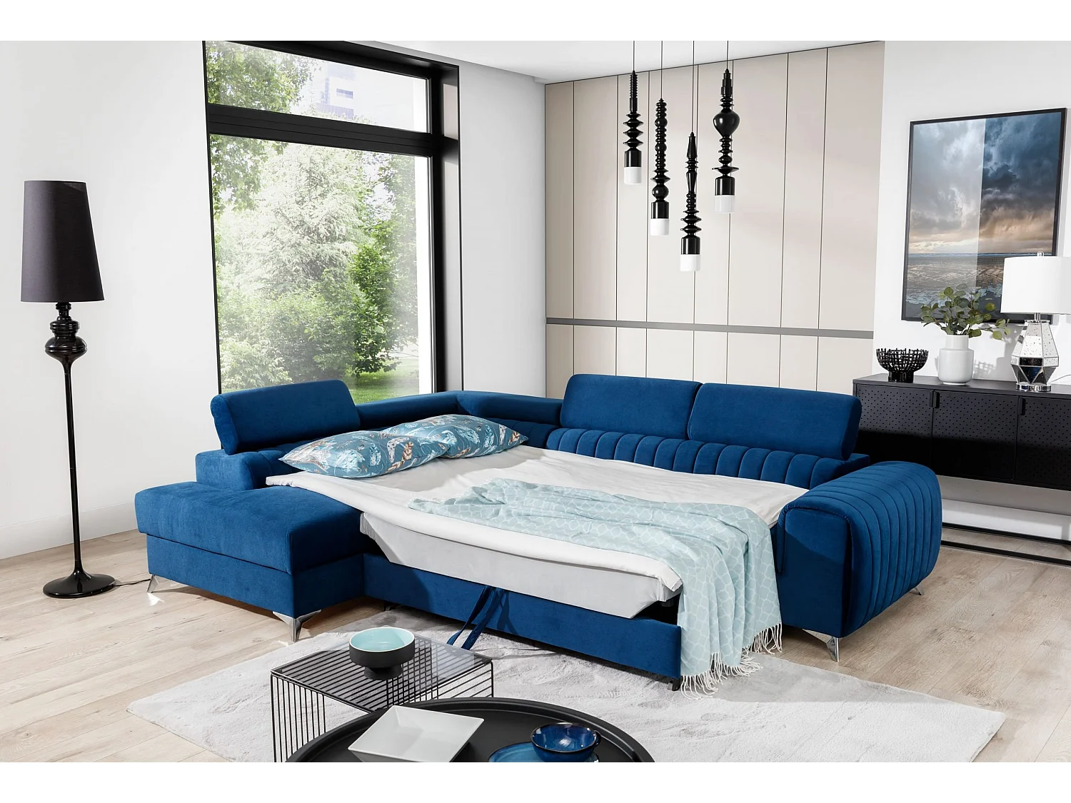 Divano angolare Genova L/rivestimento in tessuto/blu