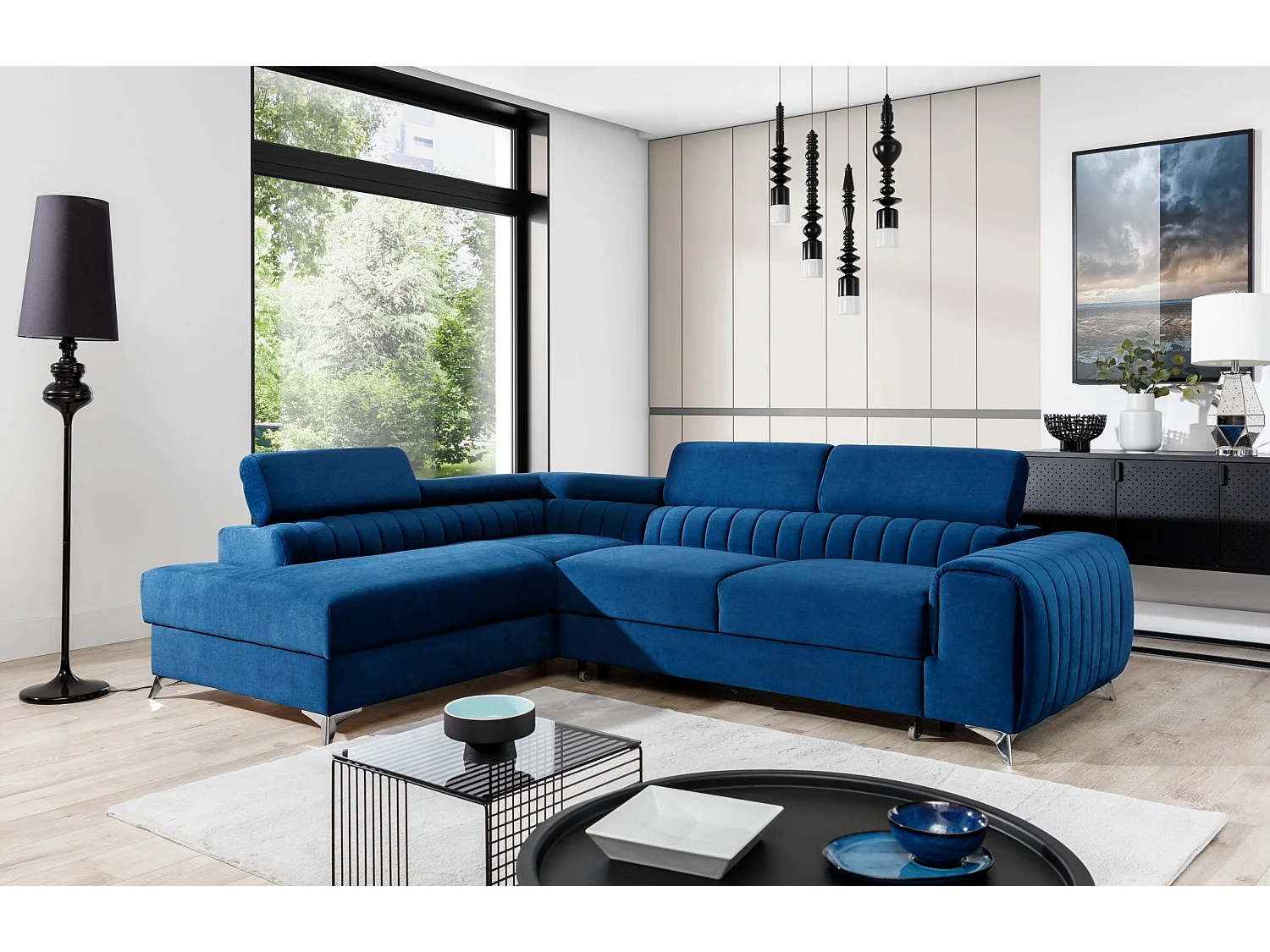 Sofá de canto Genova L/Capa de tecido/Azul/Em stock
