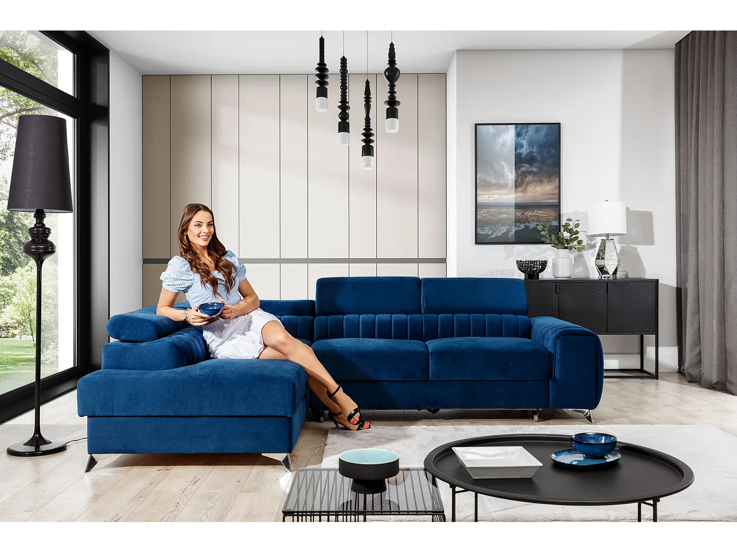 Sofá de canto Genova L/Capa de tecido/Azul/Em stock