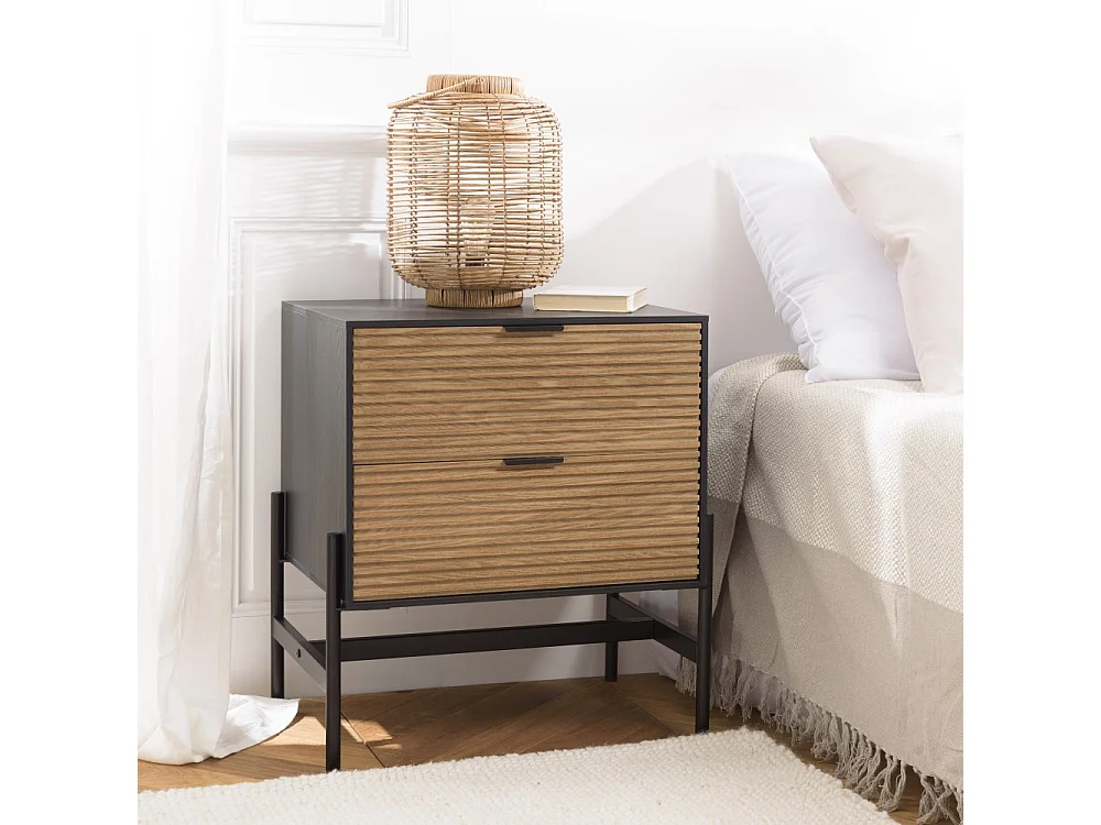 CHARLIE - Table de chevet bois 2 tiroirs pin marron et noir