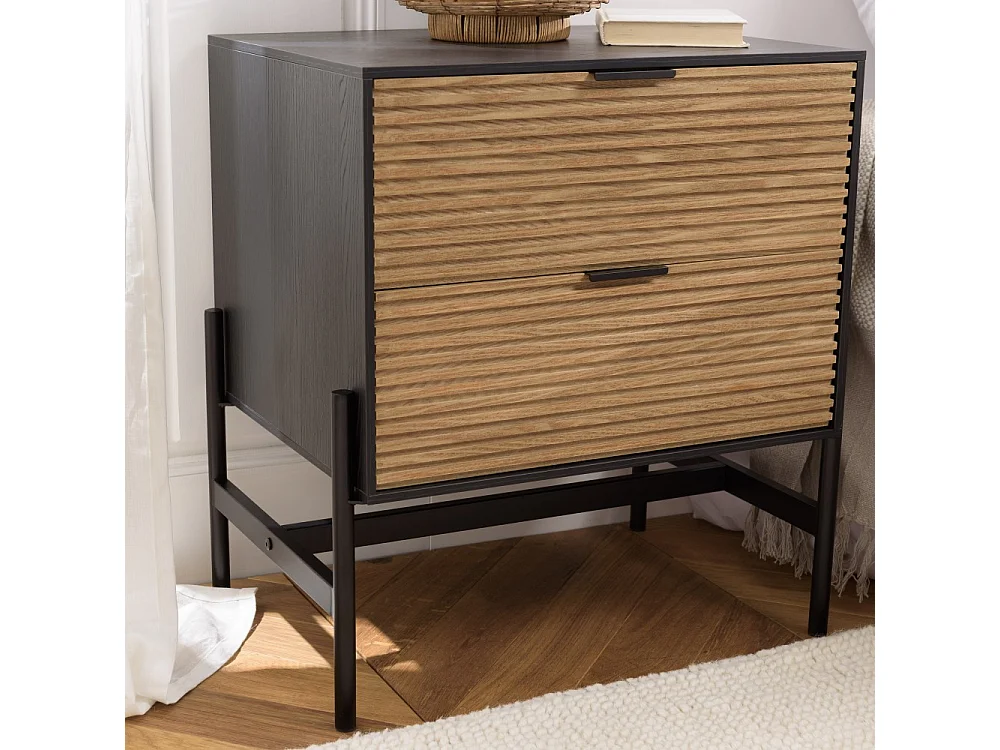 CHARLIE - Table de chevet bois 2 tiroirs pin marron et noir