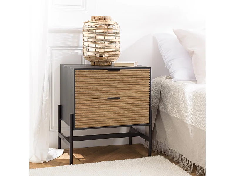 CHARLIE - Table de chevet bois 2 tiroirs pin marron et noir