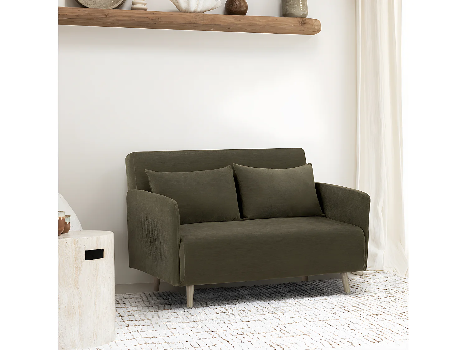 Belushi - Canapé convertible 2 places en tissu chenille L120cm - Vert kaki