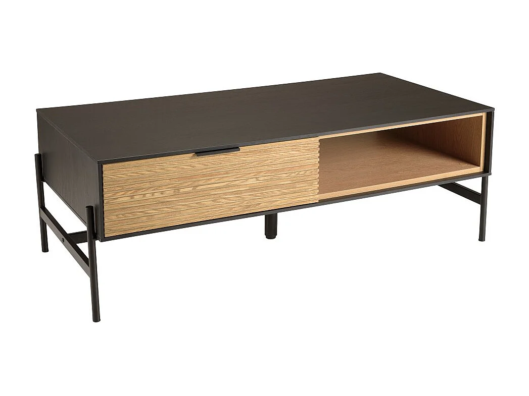 CHARLIE - Table basse 2 tiroirs 1 niche en bois pin marron et noire